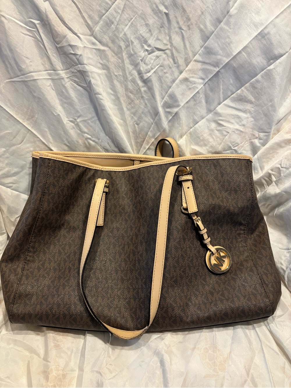 Michael Kors Brown and Cream Signature Tote with Gold MK Charm